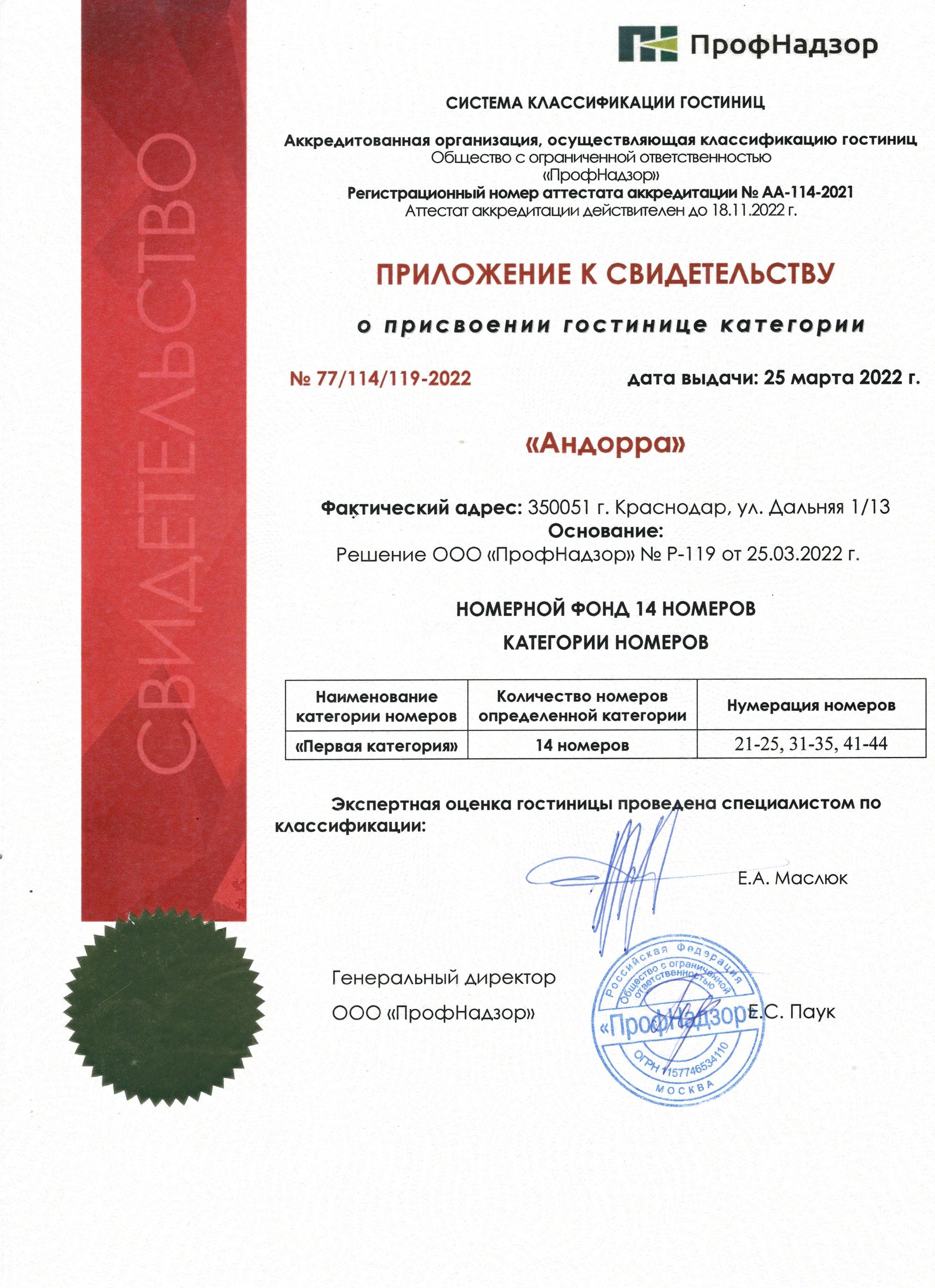 Приложение к Свидетельству
